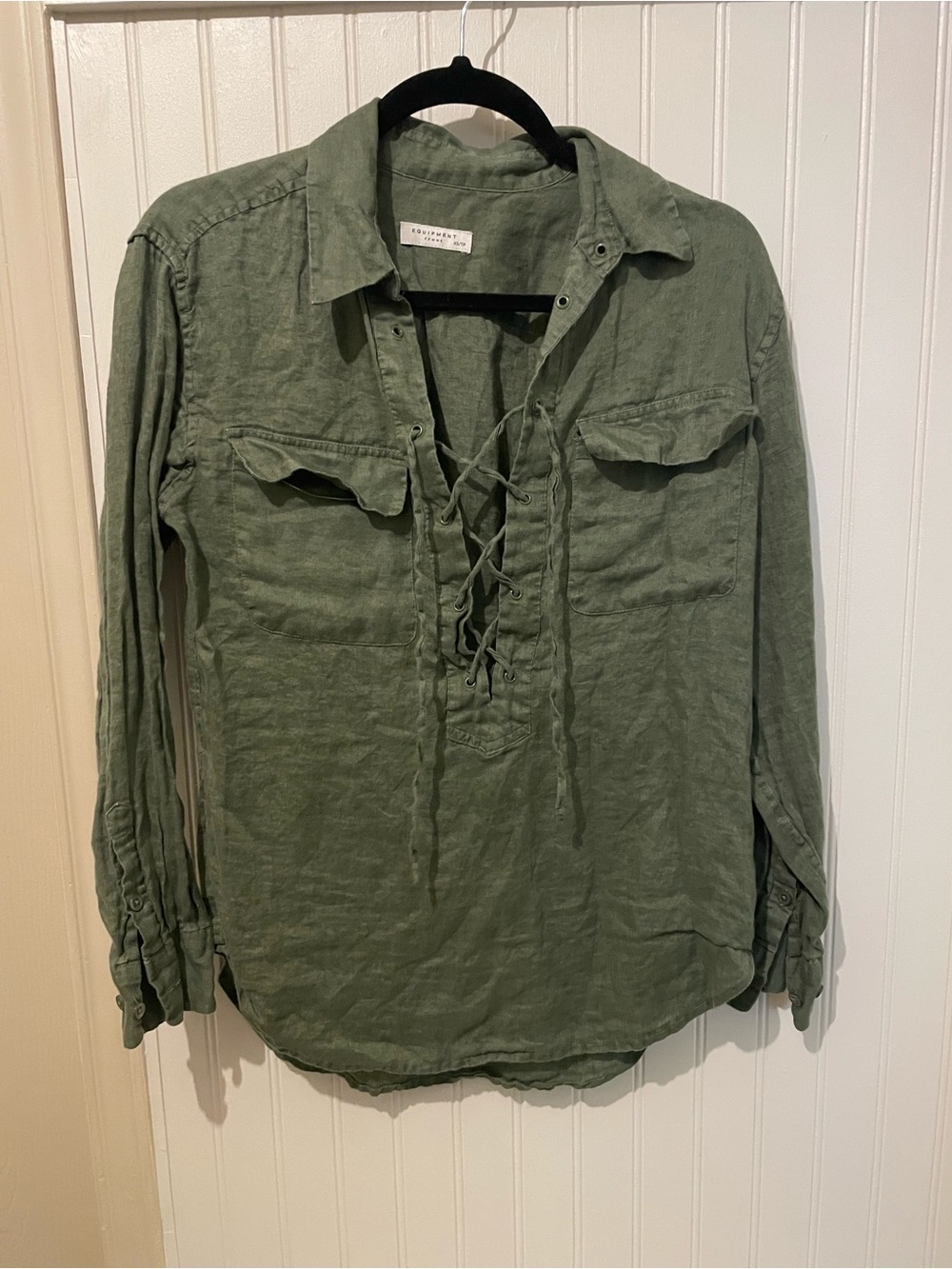 Equipment Green Linen Lace Up Blouse Size XS